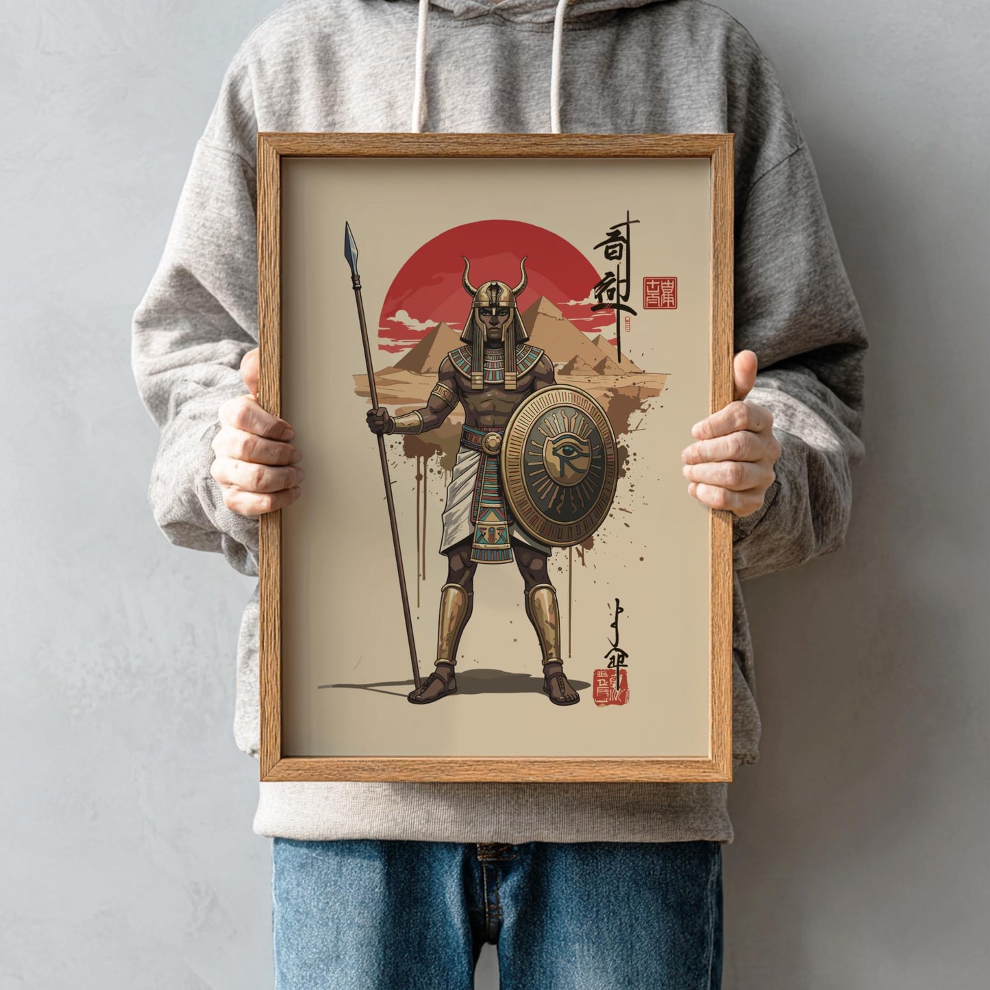 Ancient Egyptian Warrior Japanese Ink Art Print, Sumi-e Rising Sun Poster, Mixed Media Wall Decor