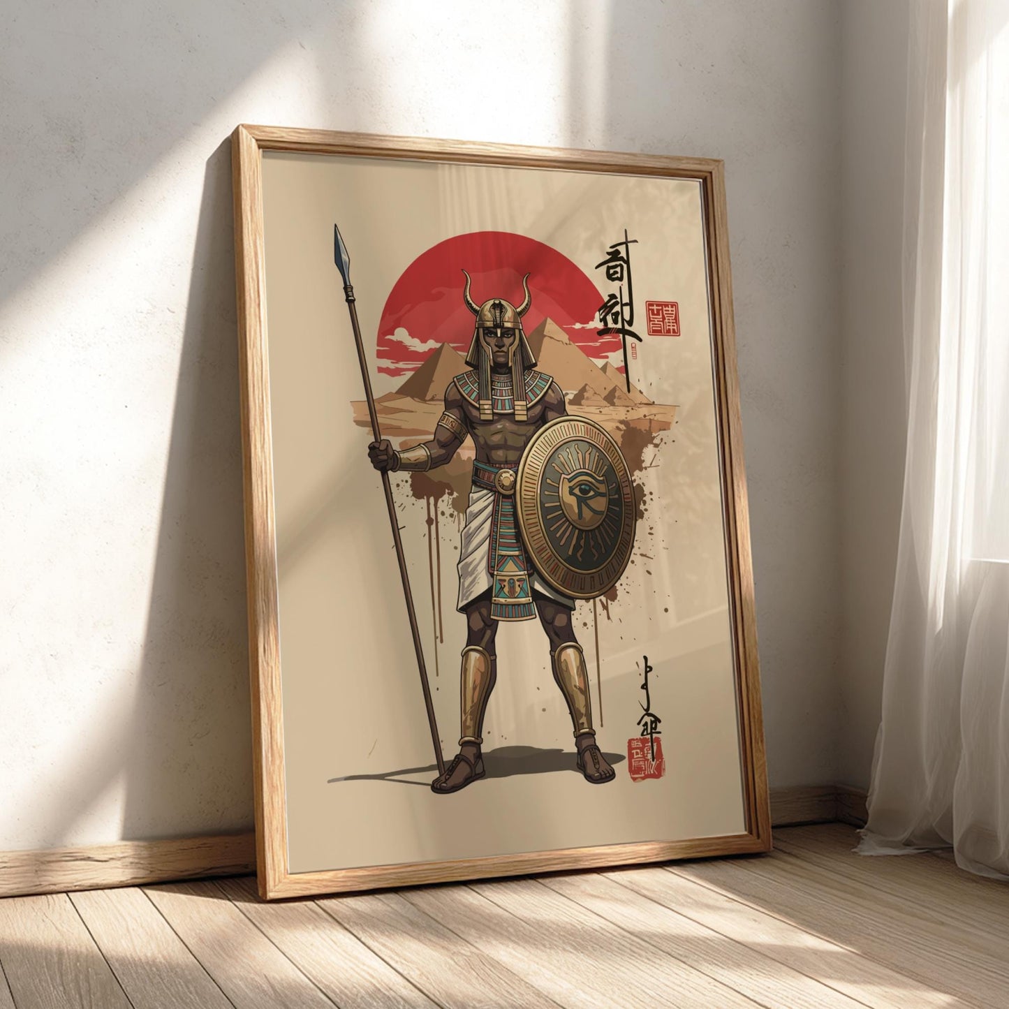 Ancient Egyptian Warrior Japanese Ink Art Print, Sumi-e Rising Sun Poster, Mixed Media Wall Decor