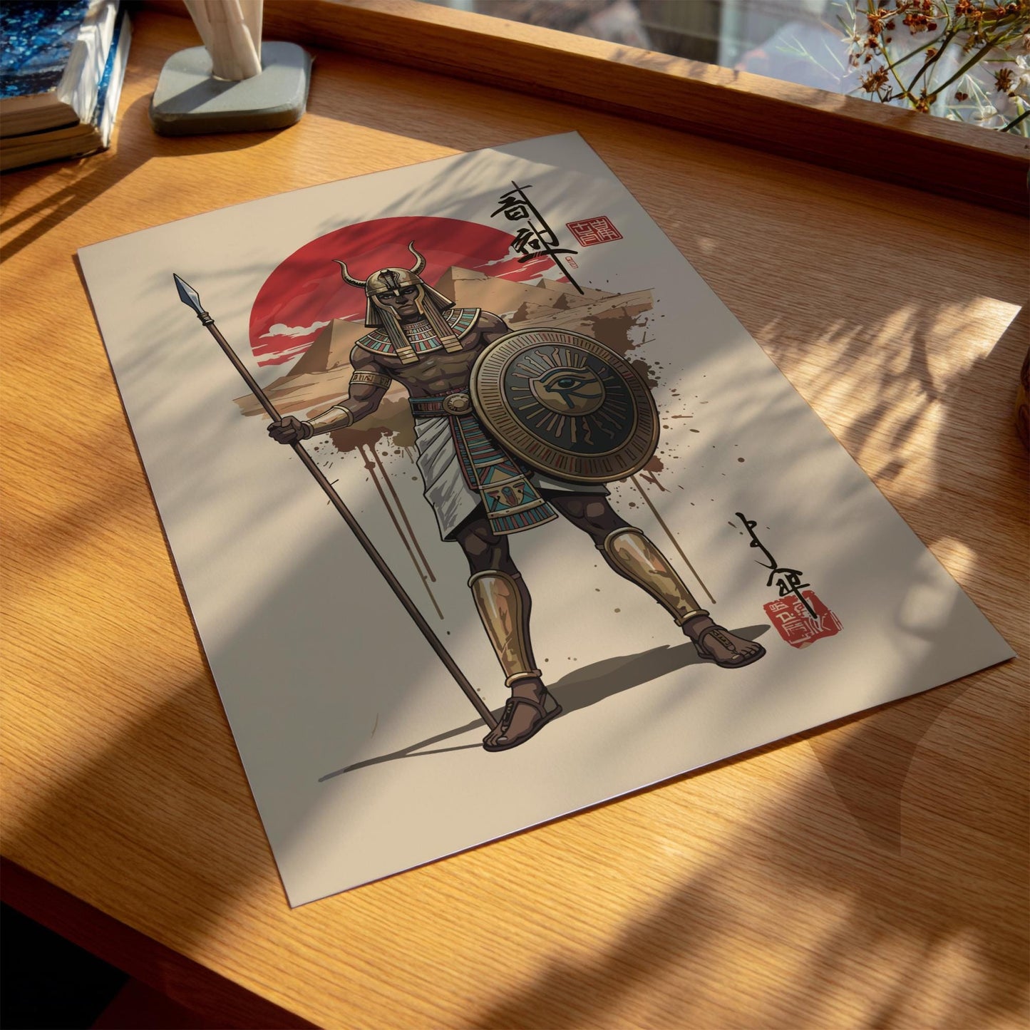 Ancient Egyptian Warrior Japanese Ink Art Print, Sumi-e Rising Sun Poster, Mixed Media Wall Decor