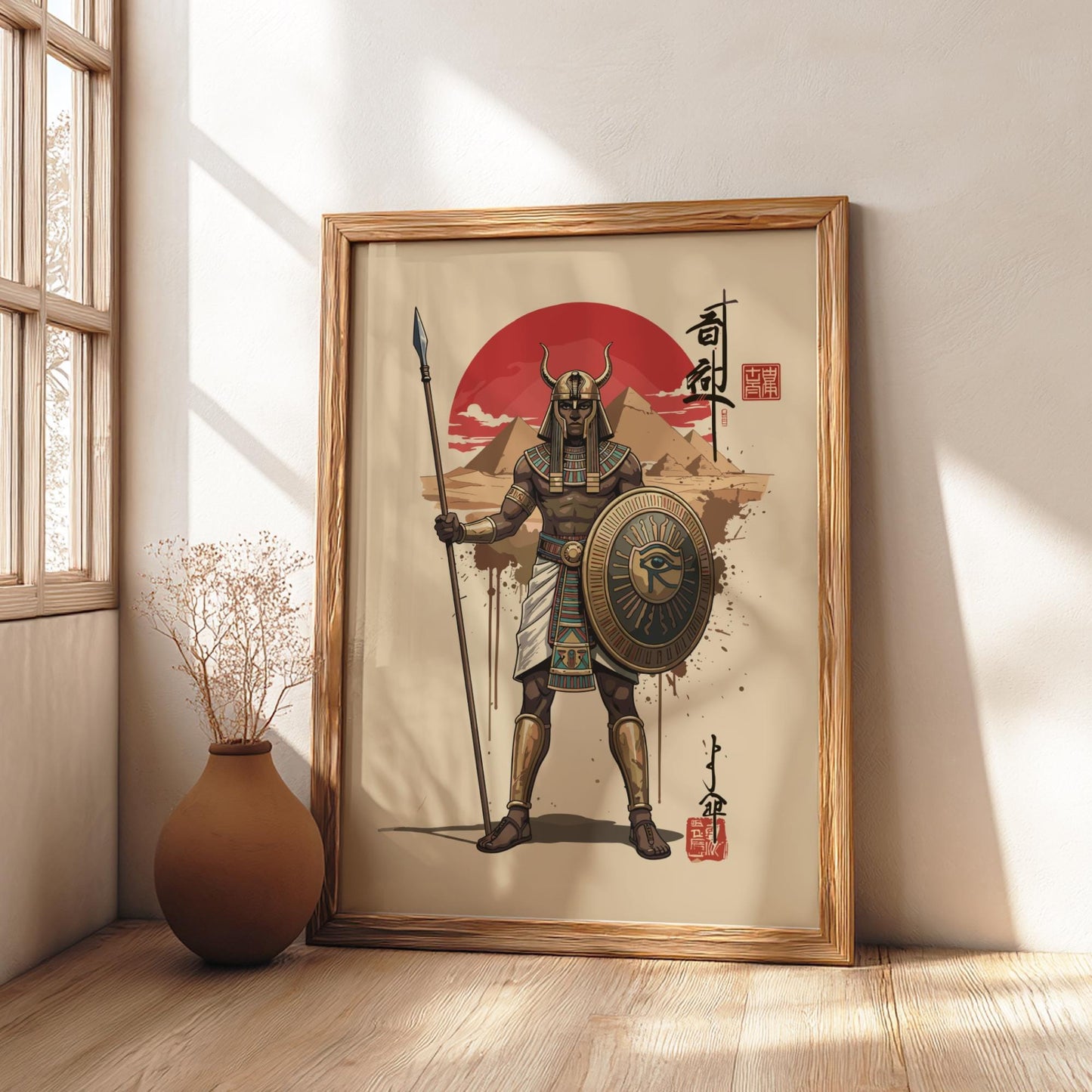 Ancient Egyptian Warrior Japanese Ink Art Print, Sumi-e Rising Sun Poster, Mixed Media Wall Decor