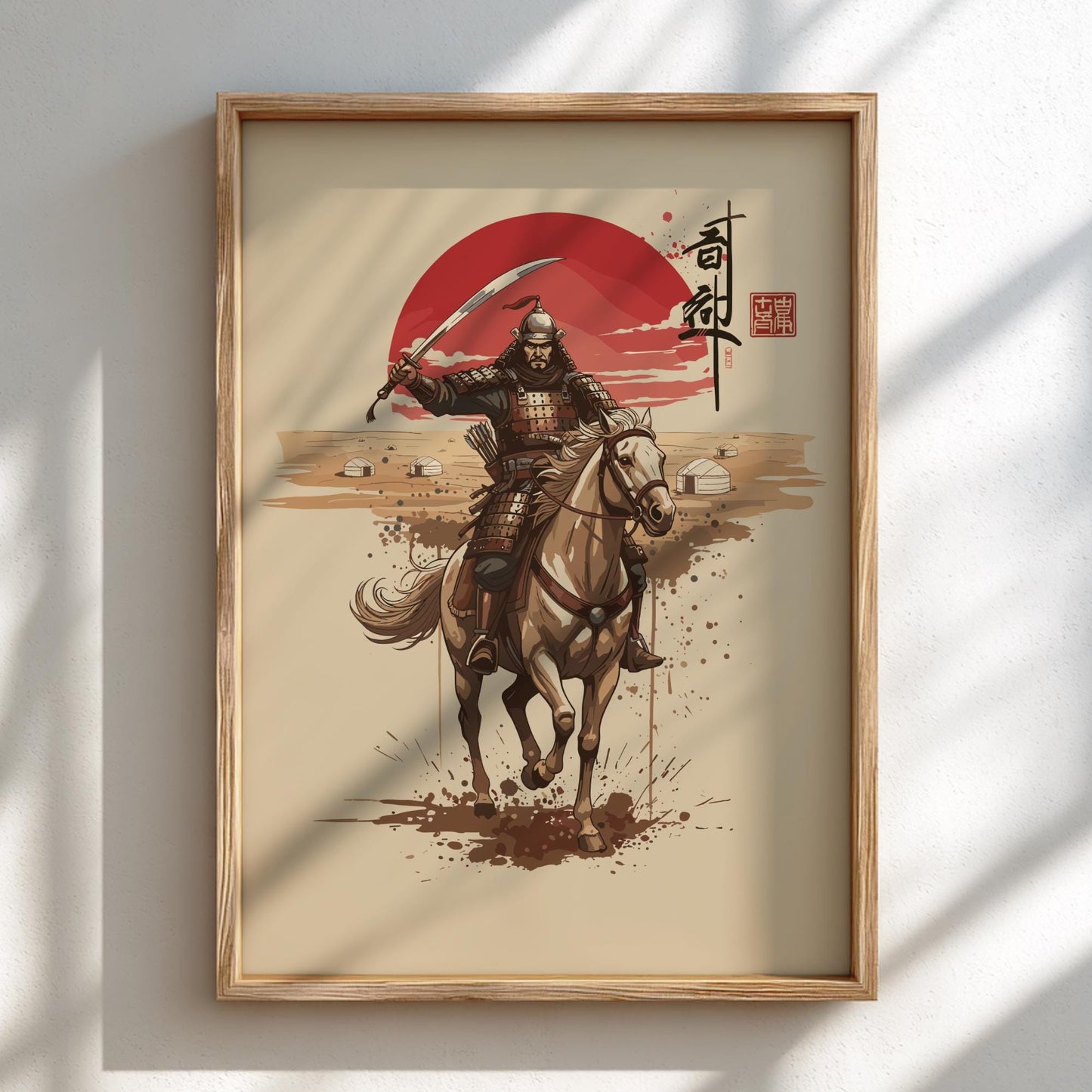 Mongol Warrior Japanese Ink Art Print, Sumi-e Rising Sun Poster, Mixed Media Wall Decor
