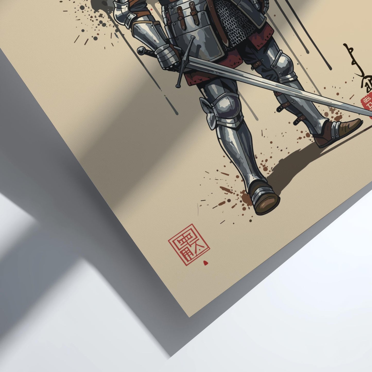 Medieval Knight Japanese Ink Art Print, Sumi-e Rising Sun Poster, Mixed Media Warrior Decor