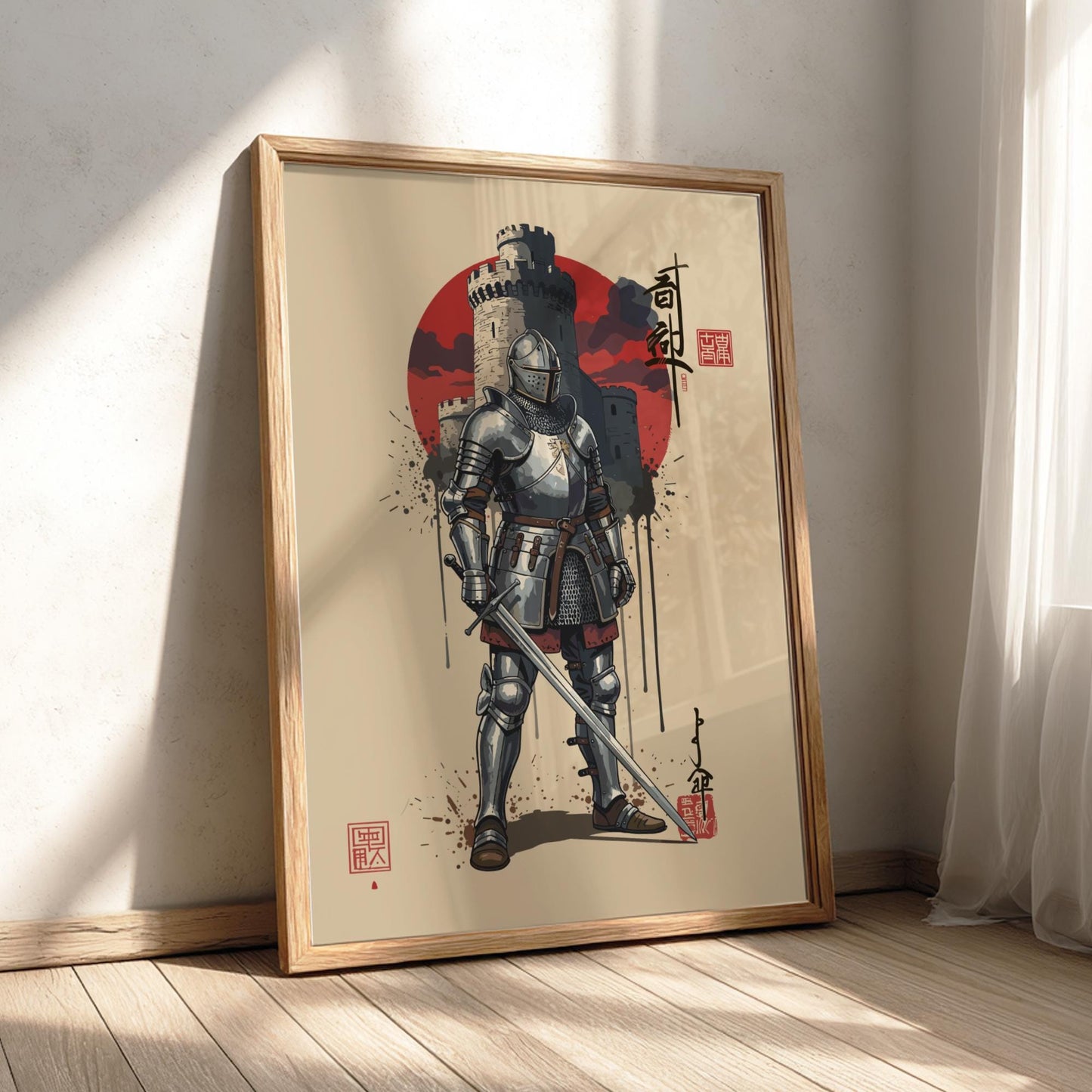 Medieval Knight Japanese Ink Art Print, Sumi-e Rising Sun Poster, Mixed Media Warrior Decor