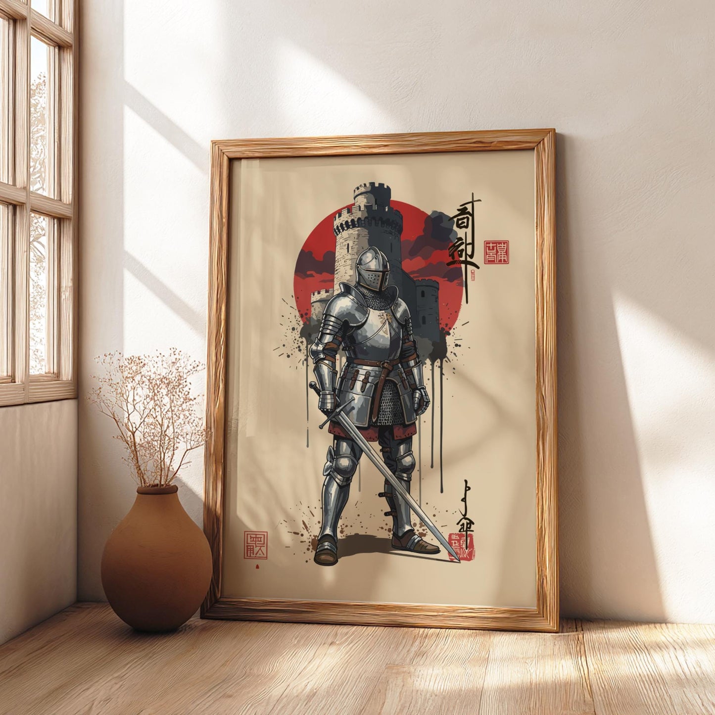 Medieval Knight Japanese Ink Art Print, Sumi-e Rising Sun Poster, Mixed Media Warrior Decor