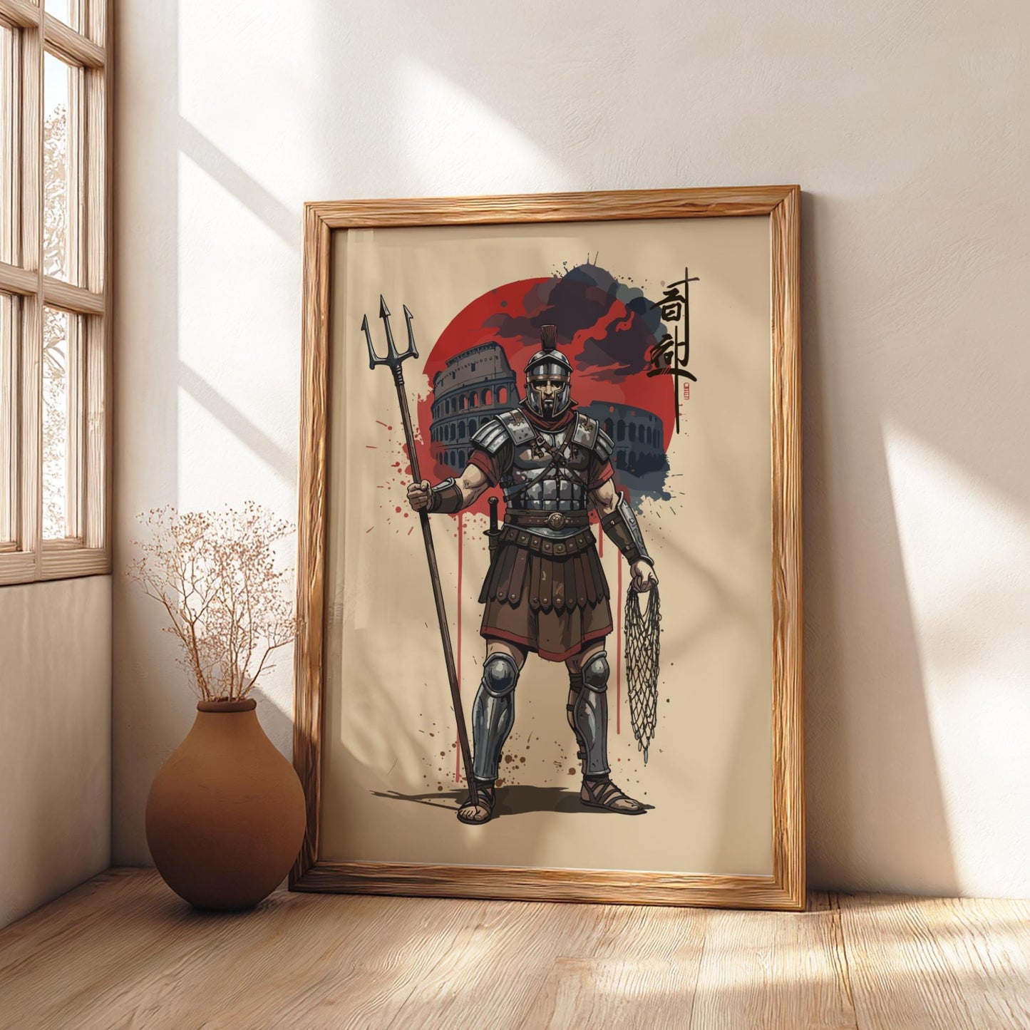 Roman Gladiator Japanese Ink Art Print, Sumi-e Rising Sun Poster, Mixed Media Warrior Decor