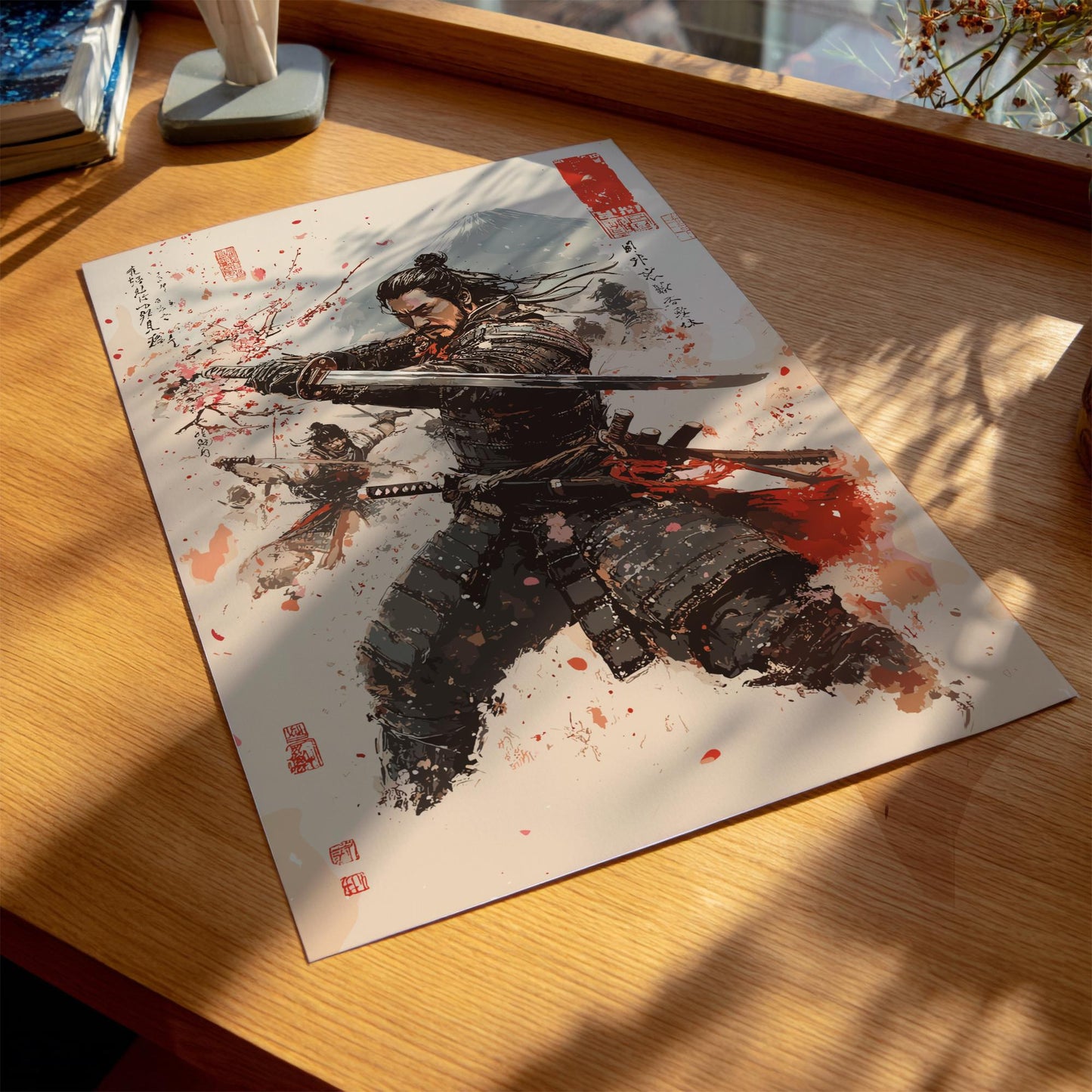 Samurai Sakura Japanese Ink Art Print, Sumi-e Rising Sun Poster, Mixed Media Warrior Decor