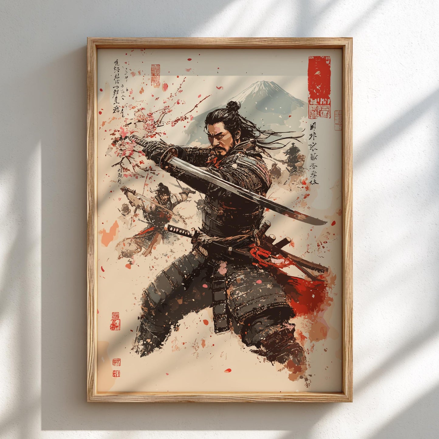 Samurai Sakura Japanese Ink Art Print, Sumi-e Rising Sun Poster, Mixed Media Warrior Decor
