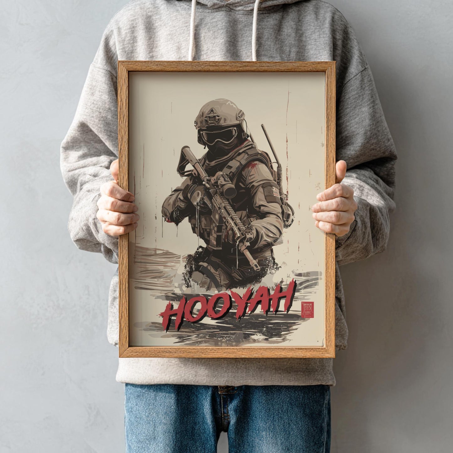 Navy SEAL Japanese Ink Art Print, Sumi-e Rising Sun Poster, Mixed Media Warrior Decor
