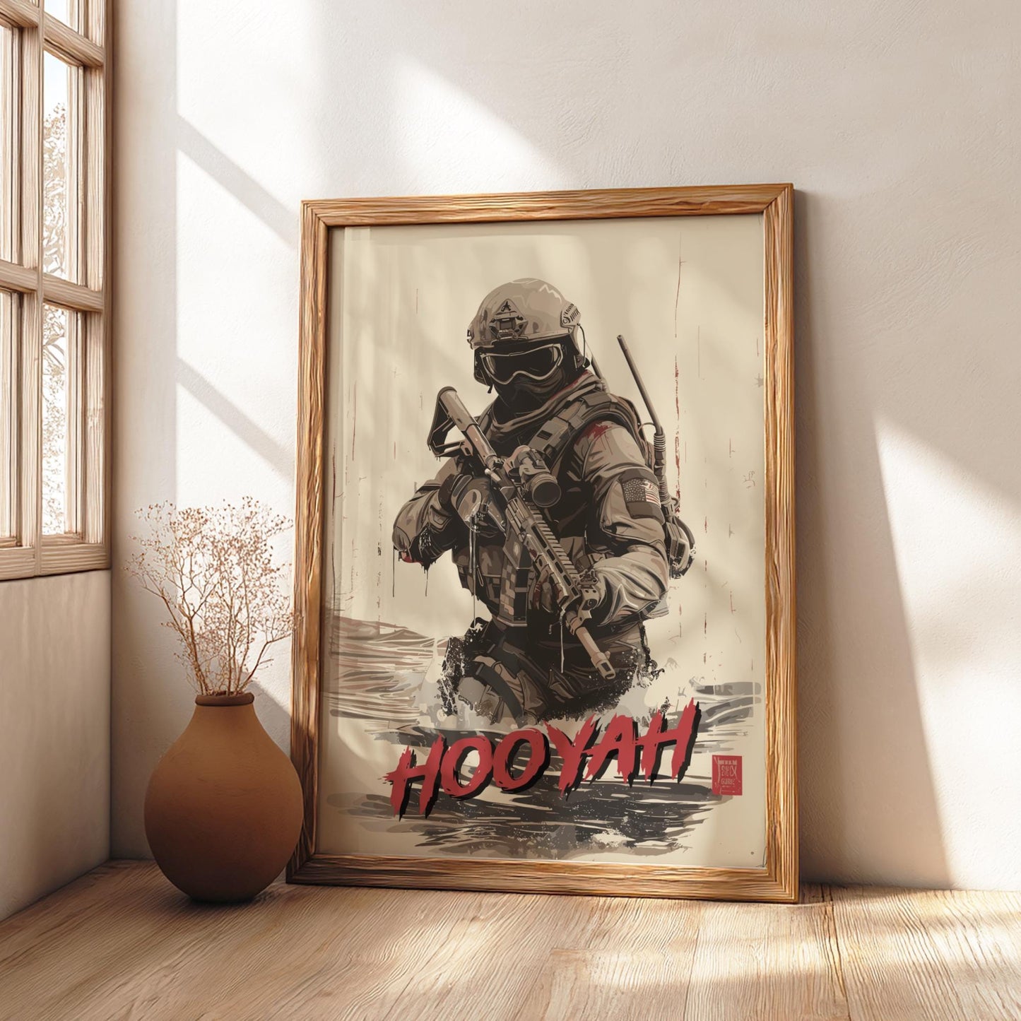 Navy SEAL Japanese Ink Art Print, Sumi-e Rising Sun Poster, Mixed Media Warrior Decor