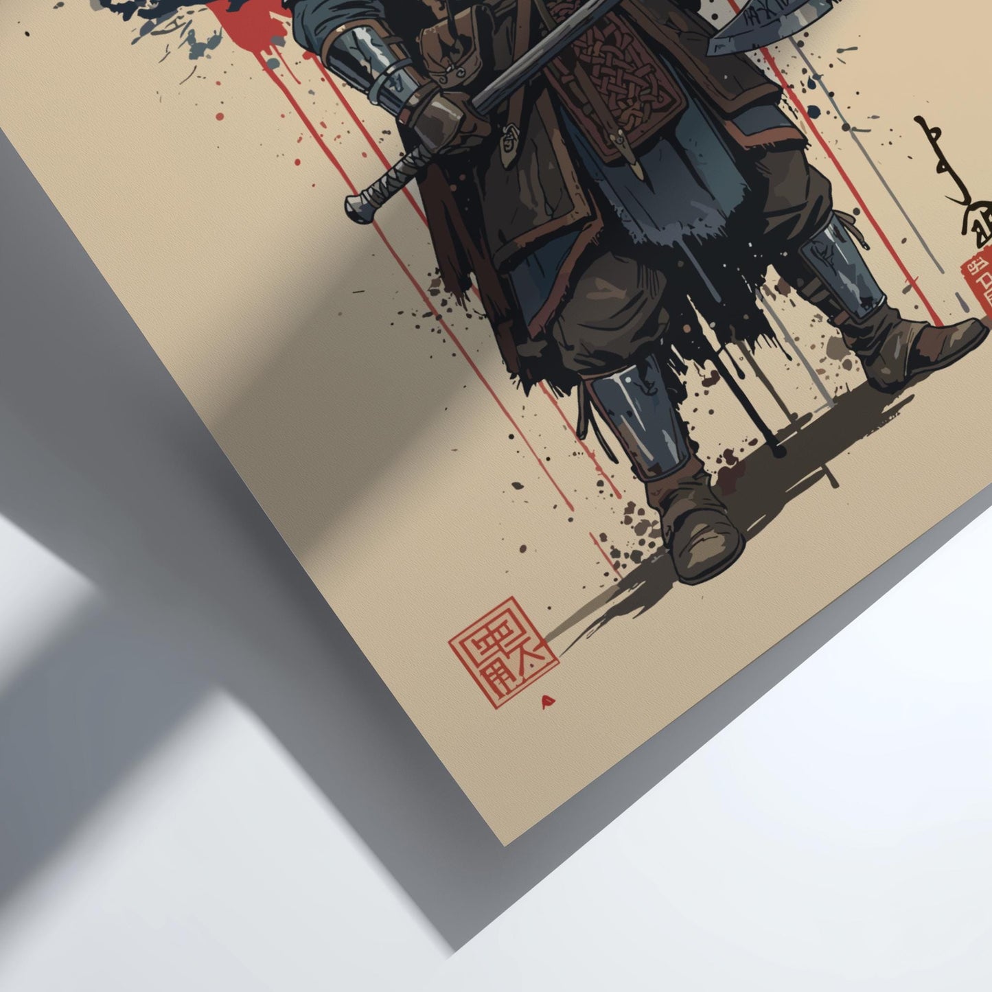 Viking Warrior Japanese Ink Art Print, Sumi-e Rising Sun Poster, Mixed Media Wall Decor