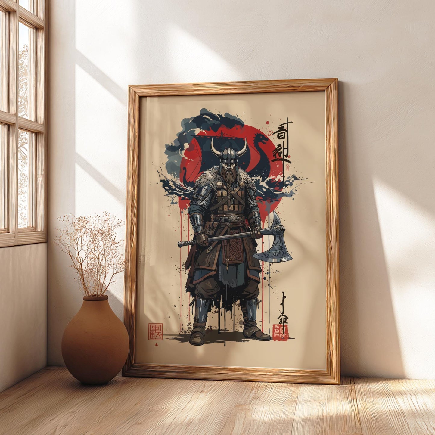 Viking Warrior Japanese Ink Art Print, Sumi-e Rising Sun Poster, Mixed Media Wall Decor