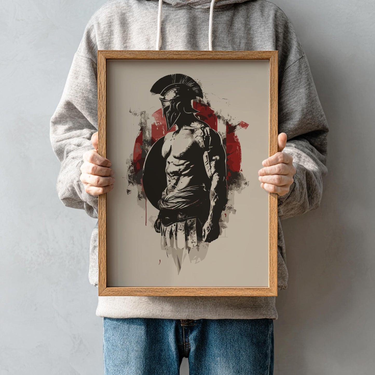Spartan Warrior Japanese Ink Art Print, Sumi-e Rising Sun Poster, Mixed Media Wall Decor