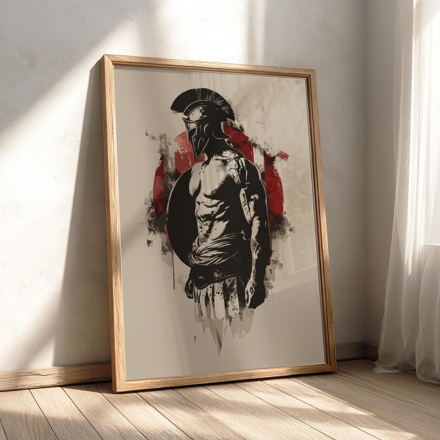 Spartan Warrior Japanese Ink Art Print, Sumi-e Rising Sun Poster, Mixed Media Wall Decor