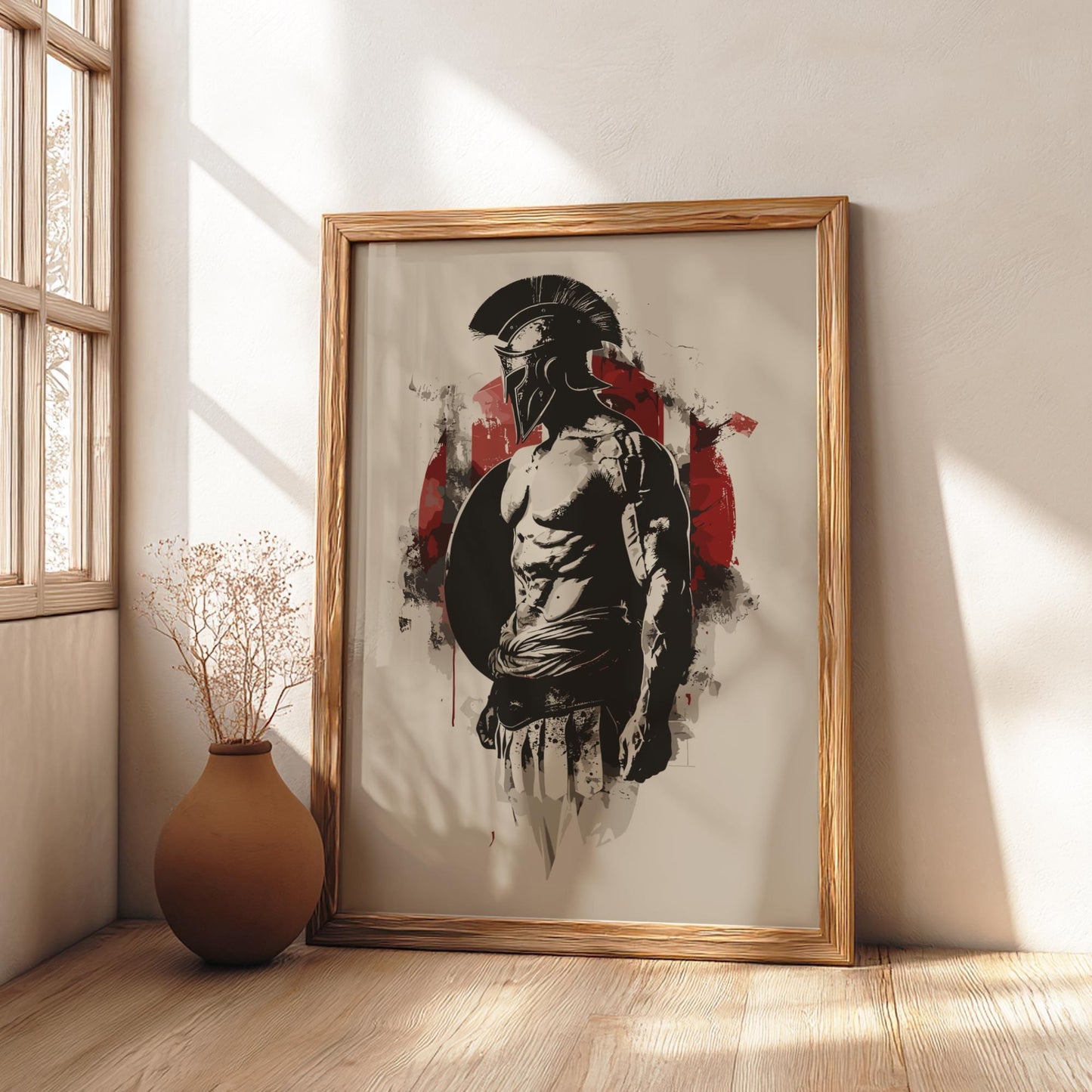 Spartan Warrior Japanese Ink Art Print, Sumi-e Rising Sun Poster, Mixed Media Wall Decor