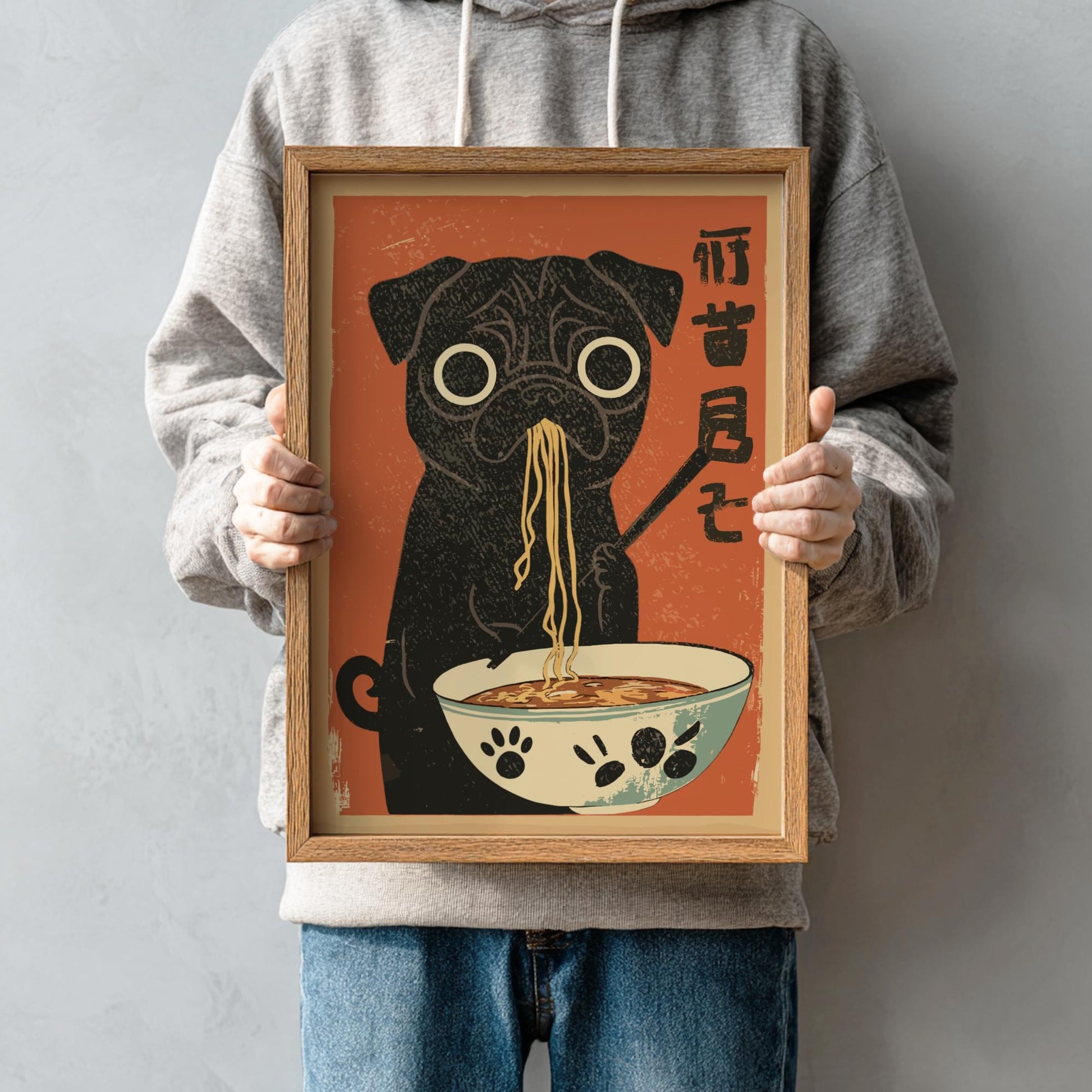 Hungry Black Pug Ramen Poster: Japanese Food Art Print - Dog poster