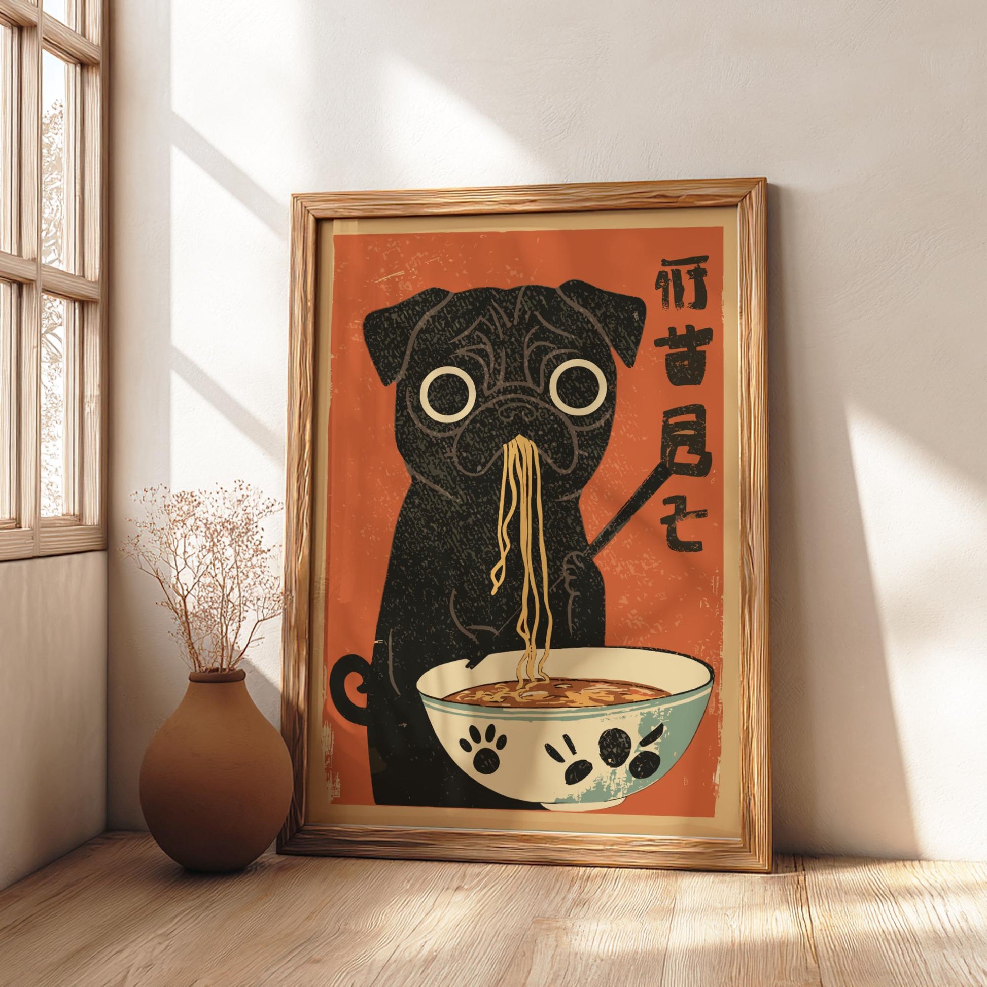 Hungry Black Pug Ramen Poster: Japanese Food Art Print - Dog poster