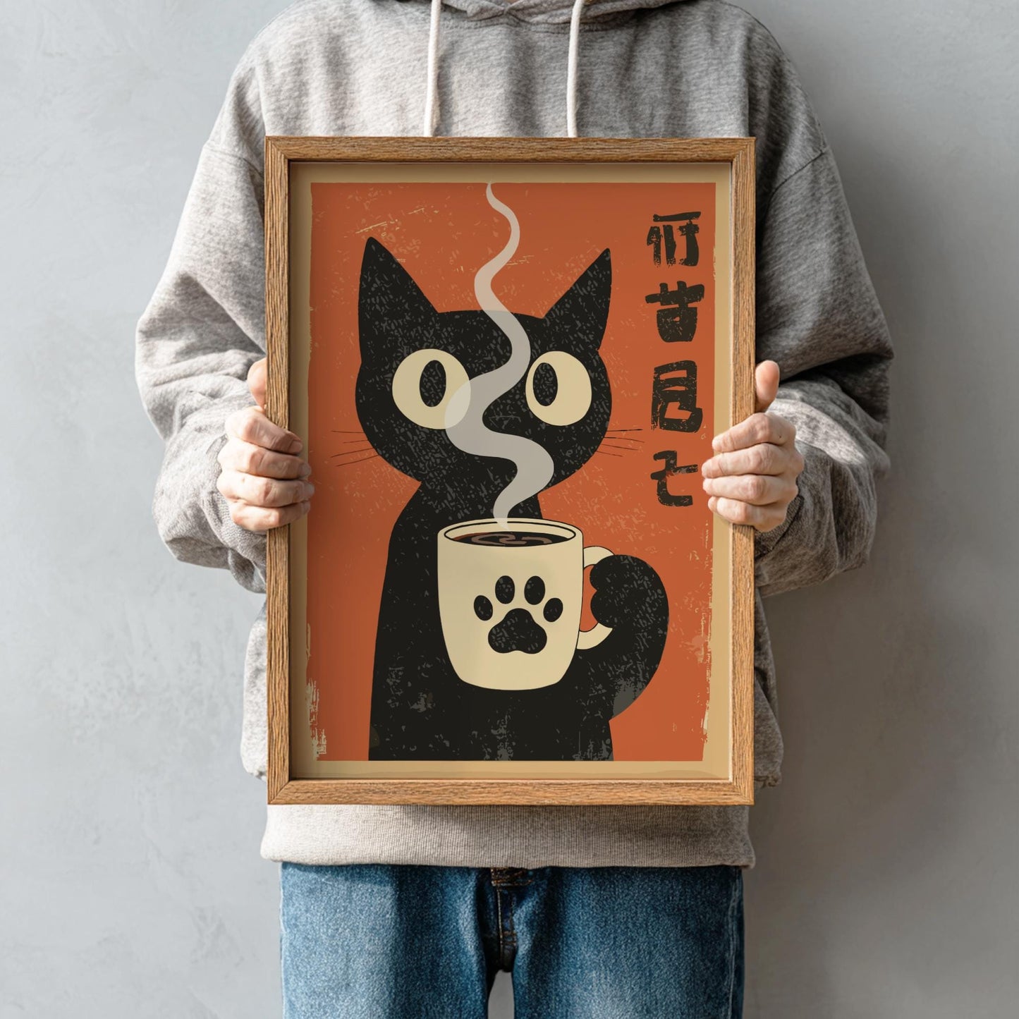 Black Cat Drinking Coffee Poster: Japanese Coffee Art Print