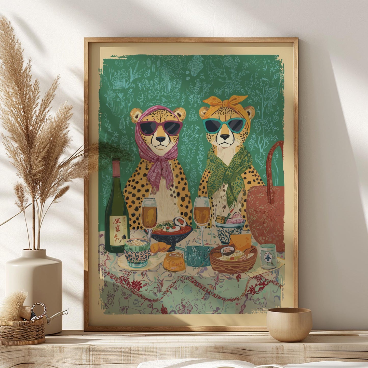 Cheetah Tea Party Poster – Vintage Japanese Cafe Wall Art