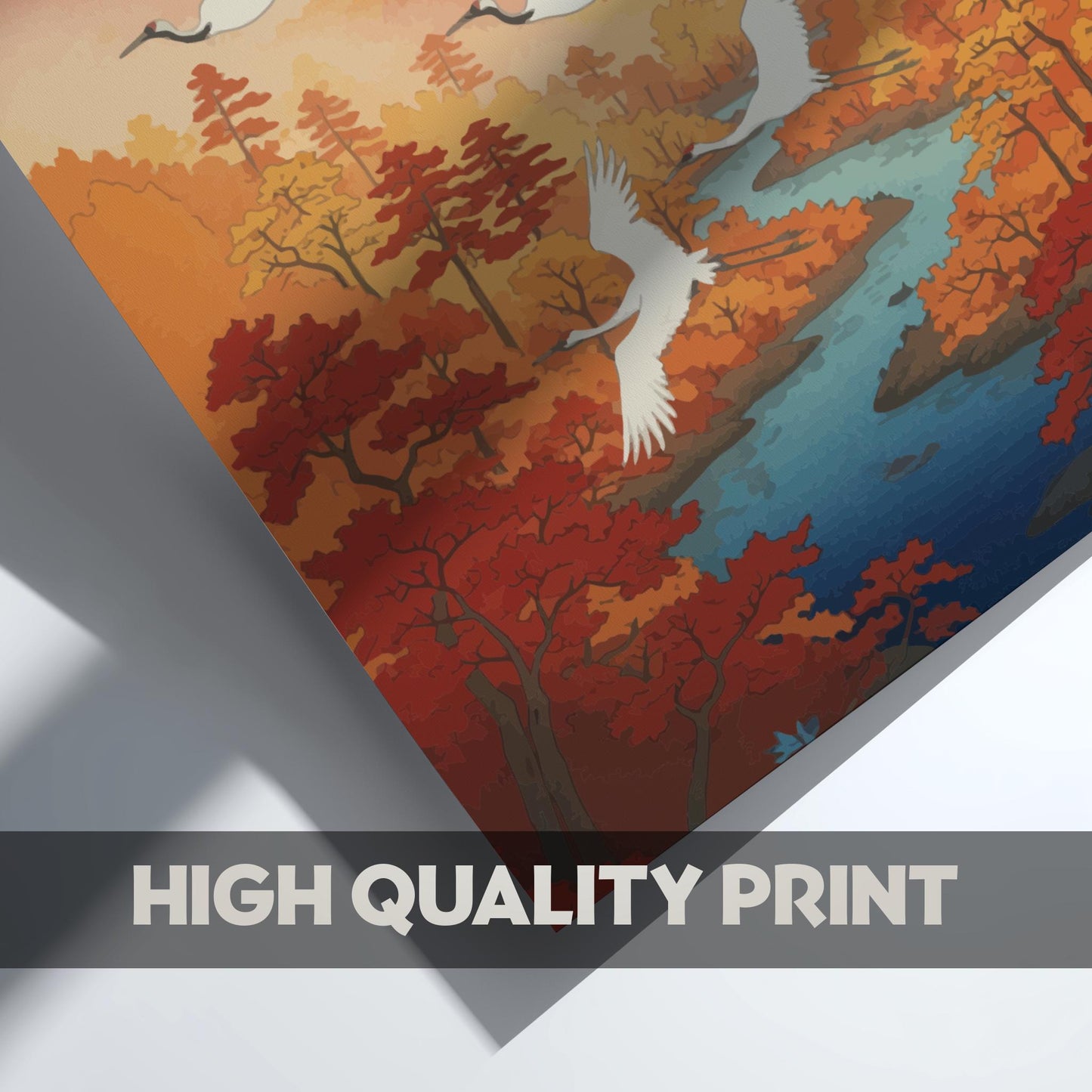Autumn Cranes Poster – Vintage Japanese River Art Print