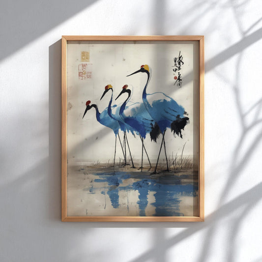 Cranes Reflection Poster – Serene Japanese Water Art Print