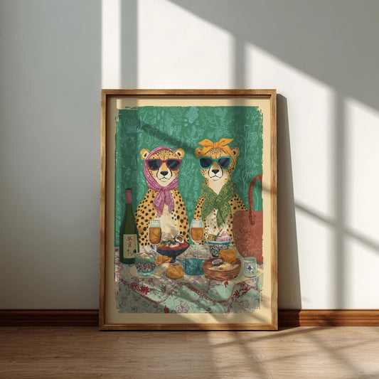 Cheetah Tea Party Poster – Vintage Japanese Cafe Wall Art