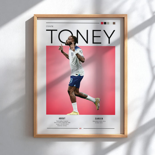 Ivan Toney poster featuring England National Team colors and dynamic football action style