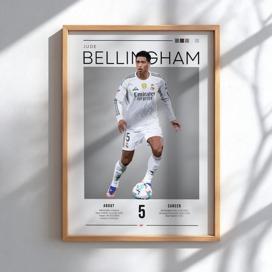 Jude Bellingham poster in Real Madrid football shirt, vibrant colors, dynamic style, perfect for sports decor.