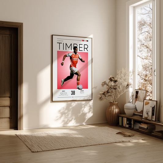 Jurrien Timber poster featuring vibrant colors and dynamic football action, perfect for sports wall art.