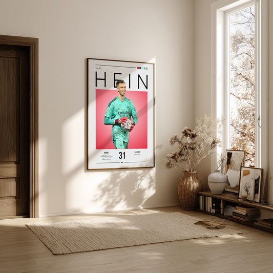 Karl Hein poster featuring a goalkeeper in vibrant colors, modern sports wall art design
