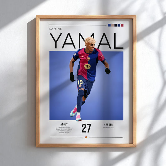 Lamine Yamal poster featuring vibrant colors and modern design, showcasing an athlete in action.