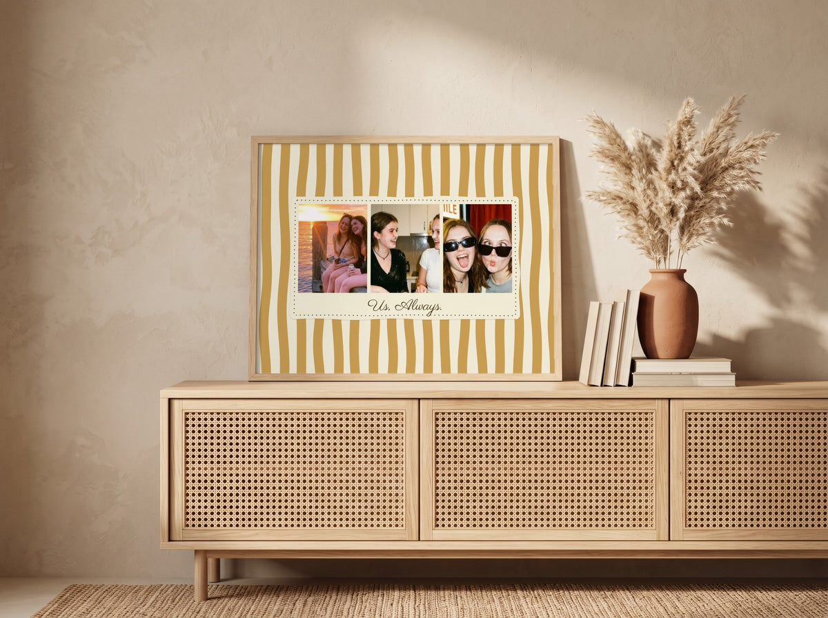 Personalised Us Always Landscape Photo Strip Poster in an oak frame leaning against a wall in a boho room