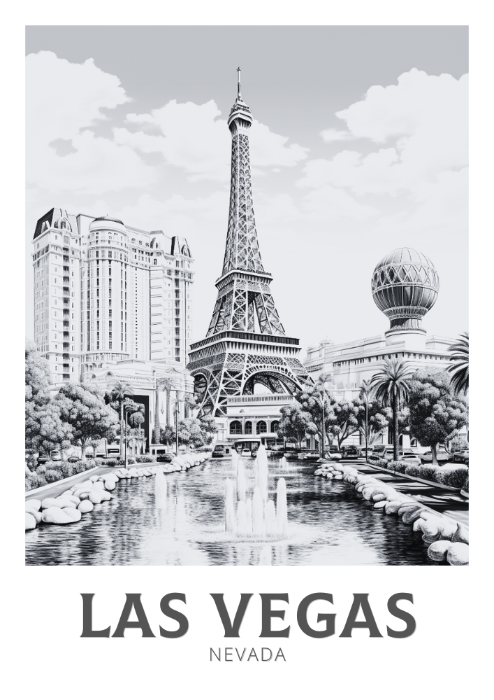 Affiche de voyage noir et blanc de Las Vegas - Nevada Artwork