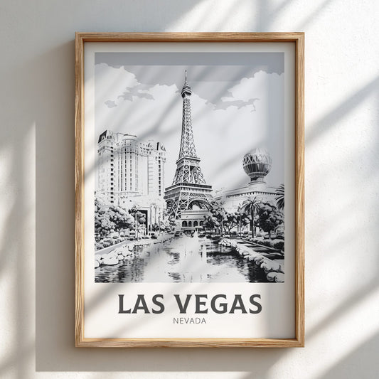 Framed black and white Las Vegas poster on a light wall