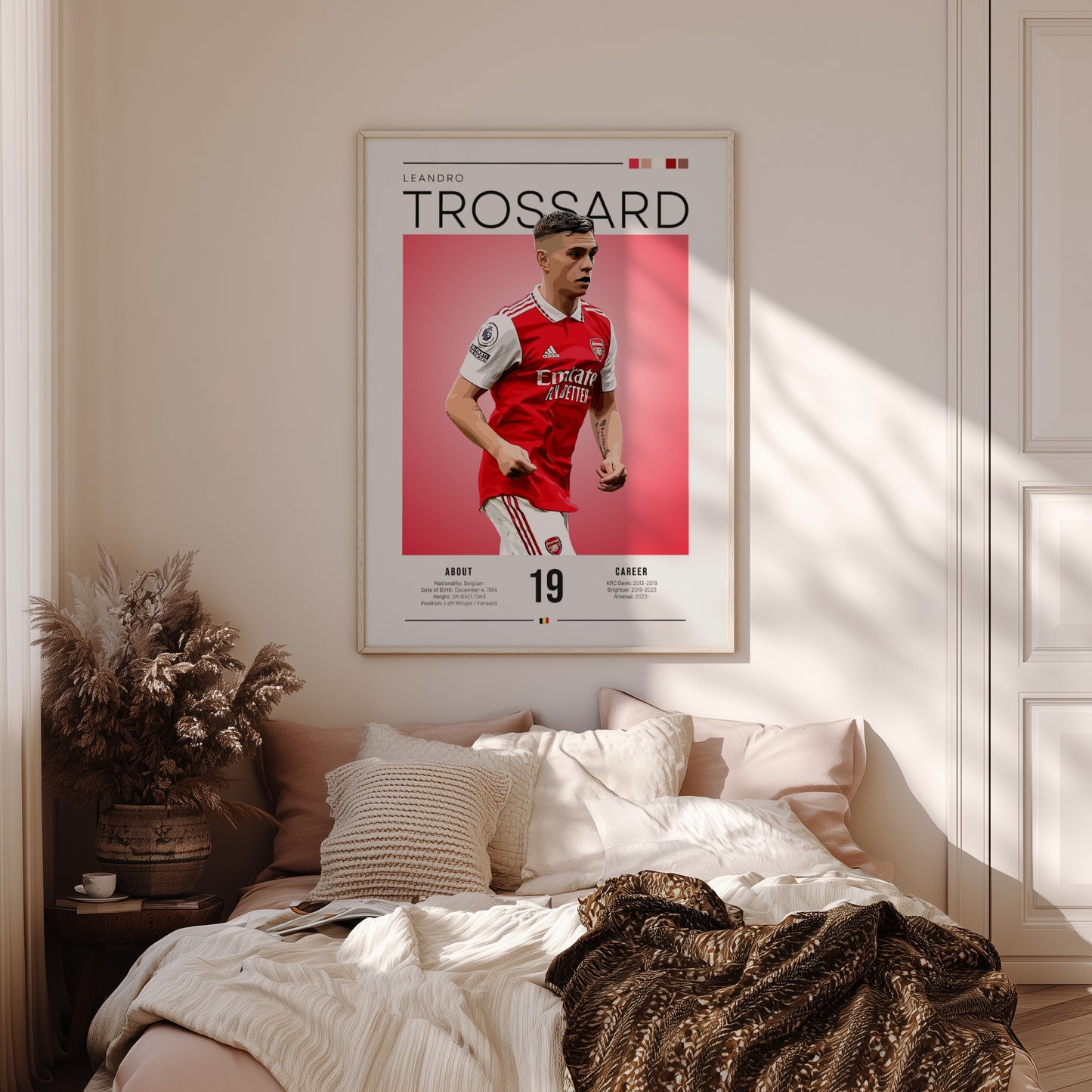 Leandro Trossard poster featuring vibrant colors and dynamic football action, perfect for wall decor.