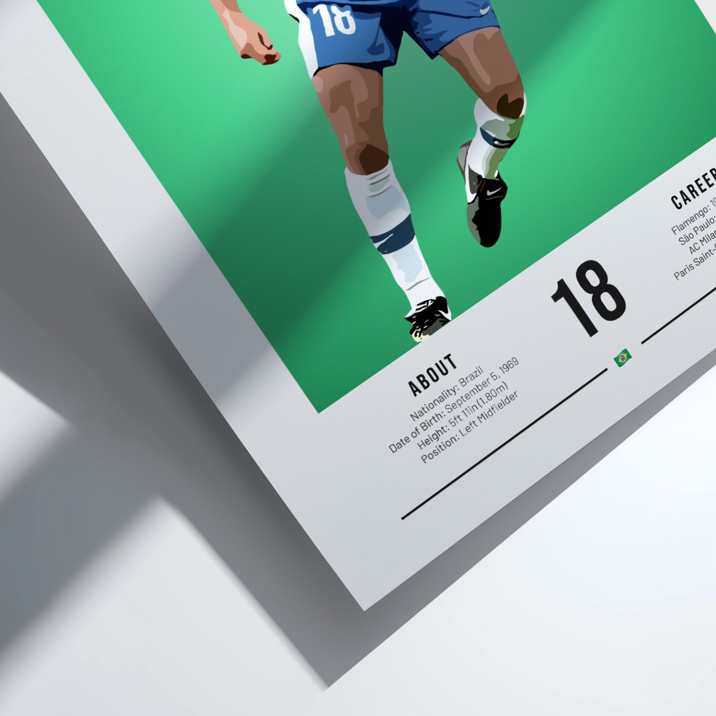 Graphic wall art of Leonardo in Brazil football jersey, vibrant colors, dynamic design