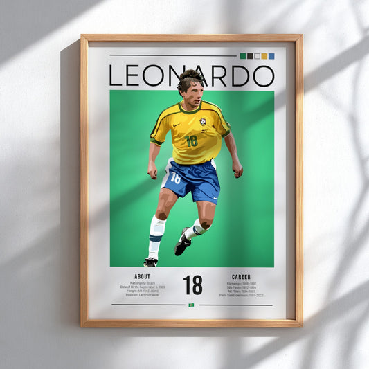 Graphic wall art of Leonardo in Brazil football jersey, vibrant colors, dynamic design