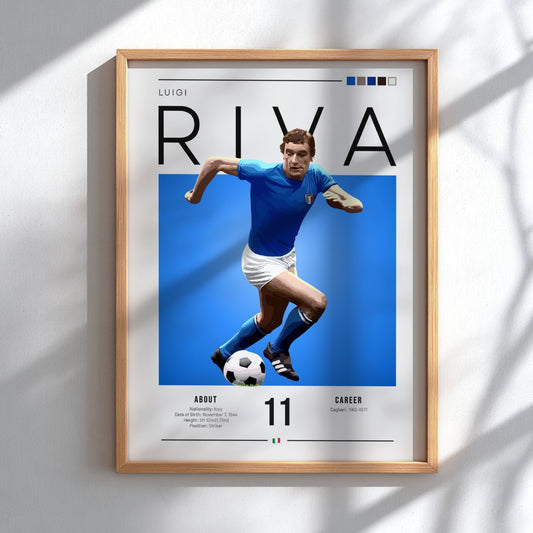 Luigi Riva poster featuring vibrant blue colors and dynamic football action, celebrating an Italian football