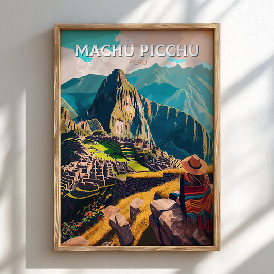 Machu Picchu Travel Poster on a light wooden frame