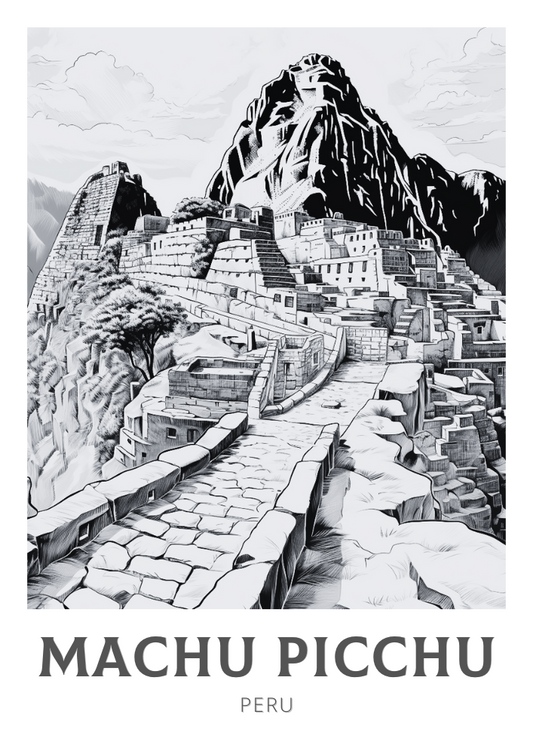 Affiche de voyage noir et blanc du Machu Picchu - Pérou