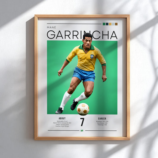 Football art featuring Mané Garrincha in yellow and blue jersey against green background, vintage sports decor