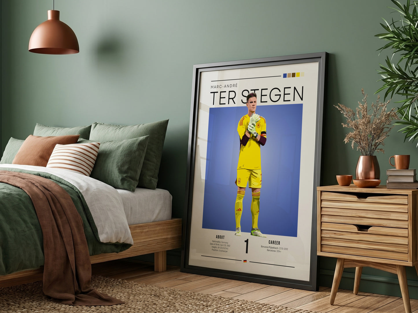 Marc-André Ter Stegen poster featuring vibrant colors and dynamic goalkeeper pose, perfect for sports decor.
