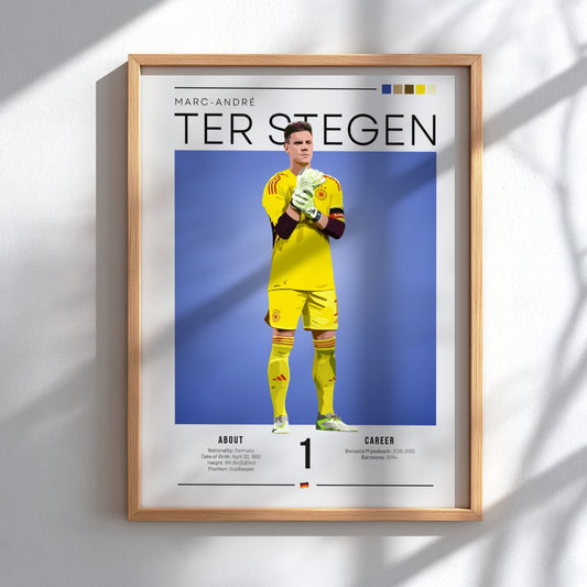 Marc-André Ter Stegen poster featuring vibrant colors and dynamic goalkeeper pose, perfect for sports decor.