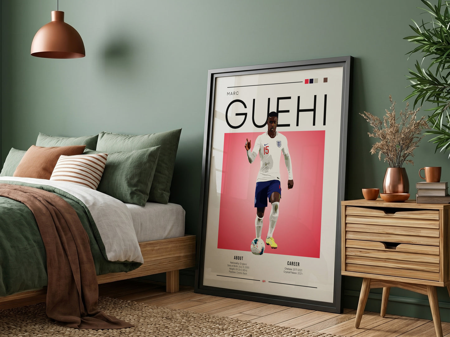 Marc Guehi poster showcasing England national team football player in vibrant colors and modern design
