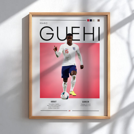 Marc Guehi poster showcasing England national team football player in vibrant colors and modern design
