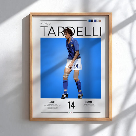 Marco Tardelli poster featuring vibrant blue jersey and minimalist design, celebrating Italian football