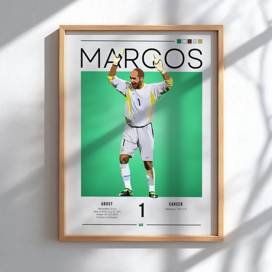 Marcos Brazil football player modern art print featuring vibrant colors and dynamic pose