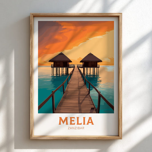 Framed artwork of a tropical scene with water bungalows and a wooden walkway, featuring the Melia Zanzibar logo.