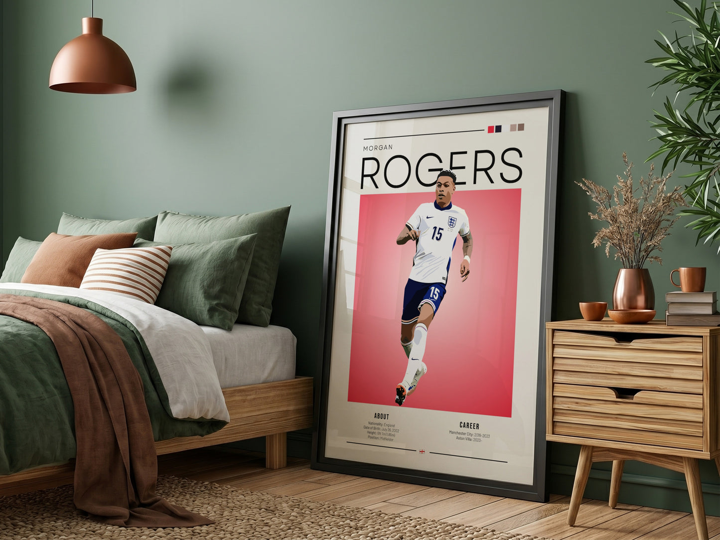 Morgan Rogers poster featuring England National Team, vibrant colors, modern design, dynamic football artwork
