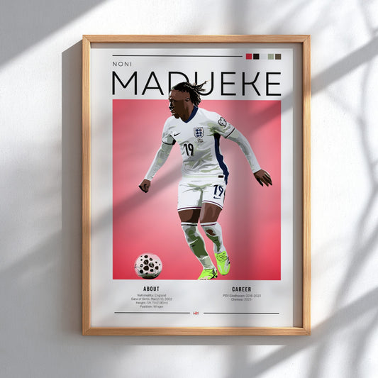 Noni Madueke poster featuring England National Team colors and dynamic action style