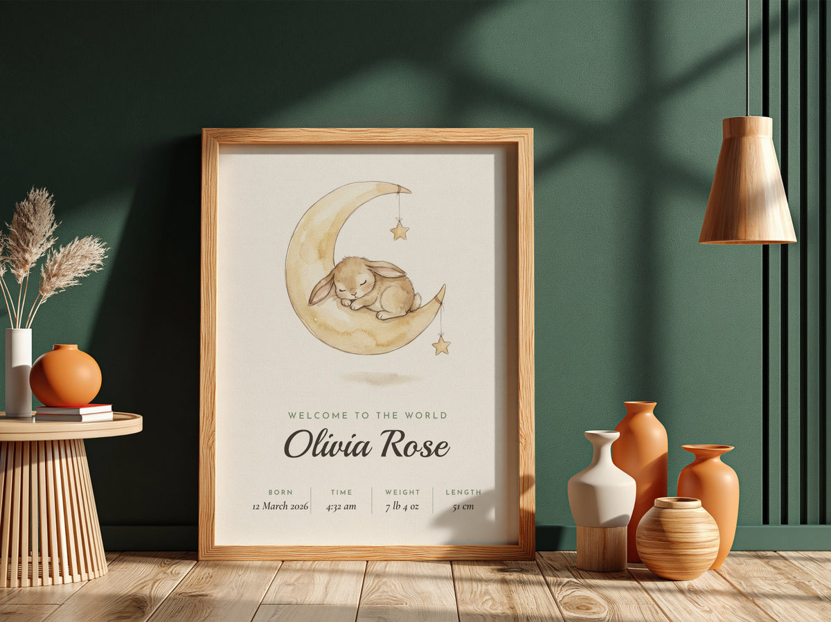 A framed personalized baby birth announcement print featuring a watercolor illustration of a sleeping bunny on a crescent moon, styled in a warm, modern room setting with a dark green wall, wooden floor, and decorative vases.